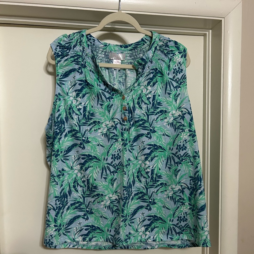 Tropical Blue and Green Stella Parker Blouse with Palm Leaf Design